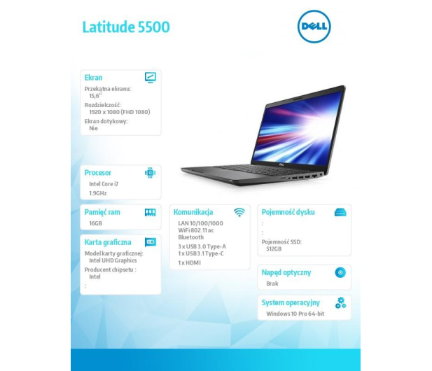 Dell Latitude 5500 i7-8665U/16GB/512/Win10P - 514412 - zdjęcie 2
